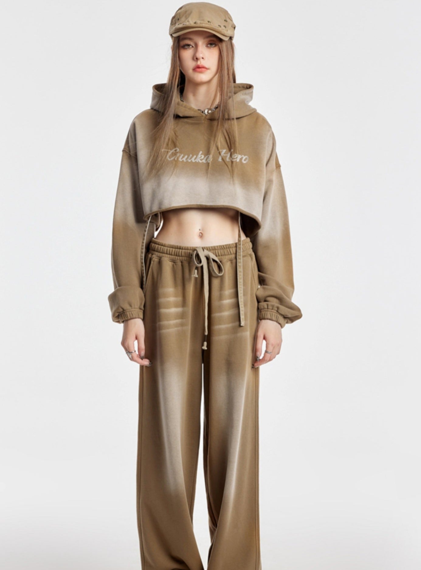 Khaki Printed Crop Top And Long Pants Set-Up