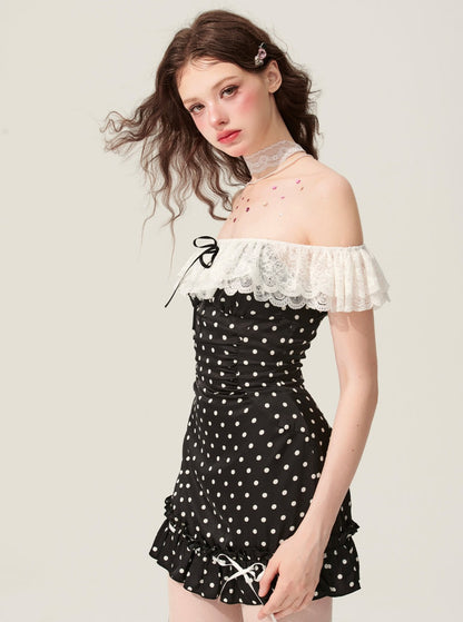 Weniger auch Augen schwarz mulberry berry schwarz one-shoulder polka dot dress women's summer design sense waist short skirt lace skirt