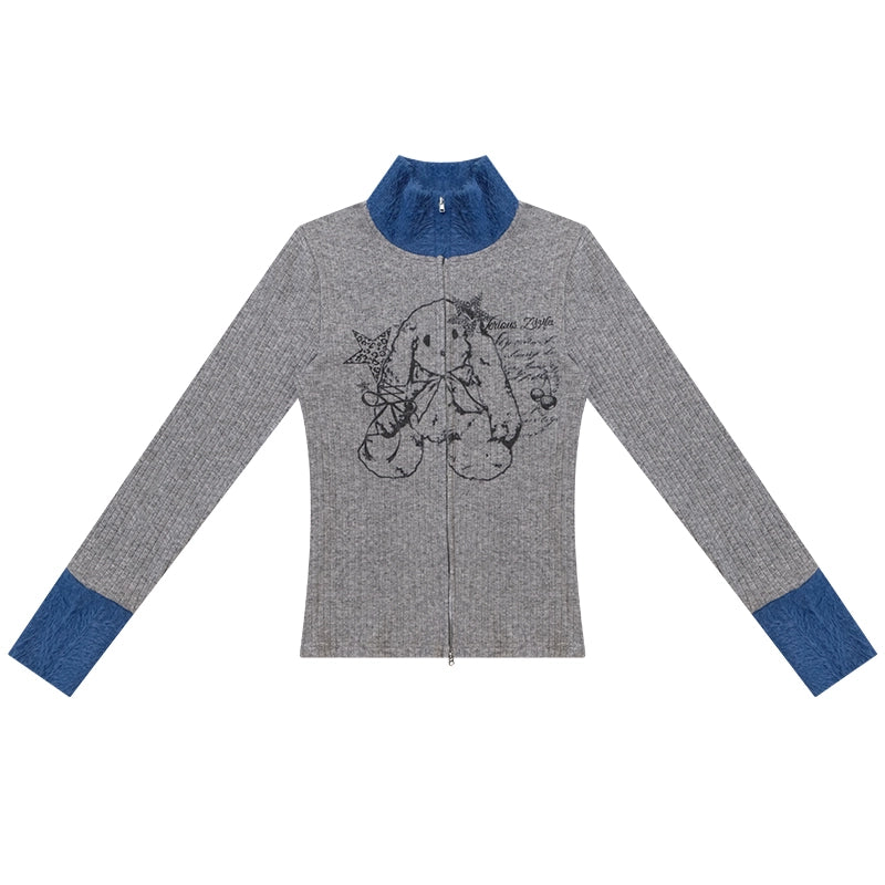Fur Collar Zipper Rabbit Print Turtleneck Knitted Top