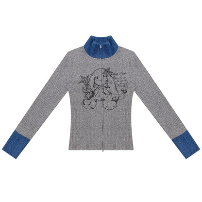 Fur Collar Zipper Rabbit Print Turtleneck Knitted Top