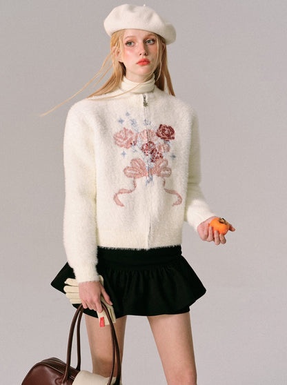 rose zipper knitted cardigan