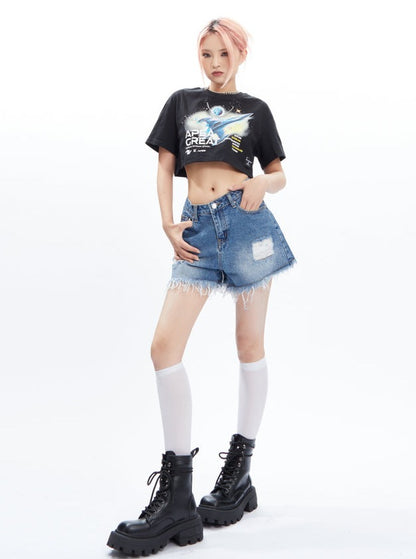 A-line Ragged Edge Jeans Shorts Pants