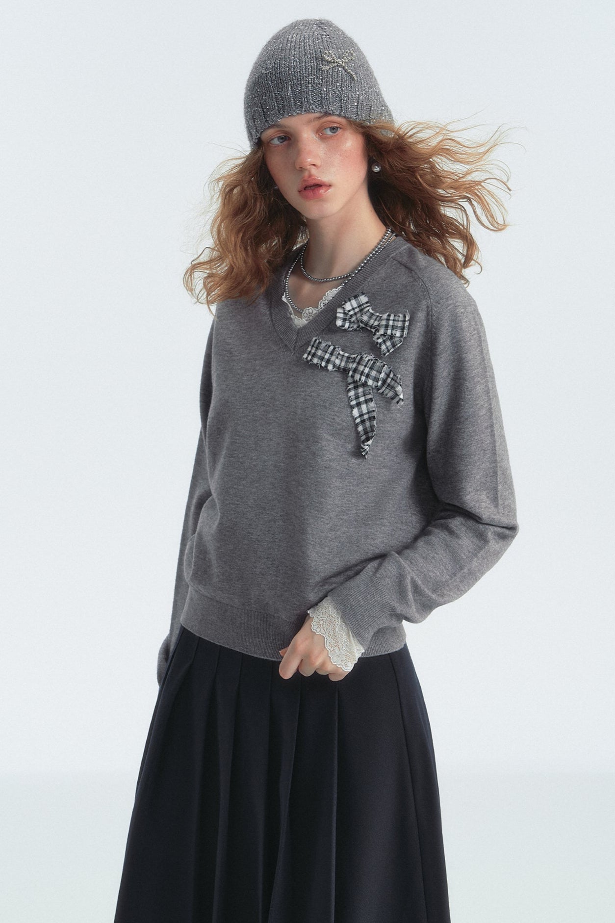 Bow Detail Checked V-Neck Jumper