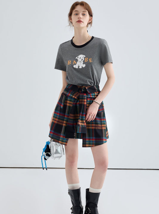 VEGA CHANG Kurzarm-T-Shirt Damen Sommer 2024 Neue Girly Alter-Reduzierung Kindliche gedruckt Top Kurz Rock Set