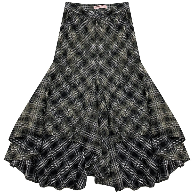 ziziFei Herbst und Winter neue amerikanische Retro High-Waisted schlanke mittellange unregelmäßige schwarz-weiß karierten Rock Frauen