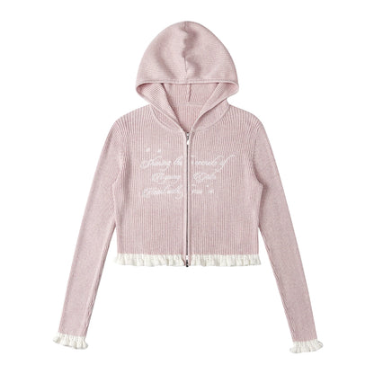 Pink Embroidery Hooded Double Zipper Sweater