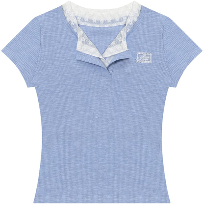 Lace Patchwork Fitted Two-Layer T-Shirt