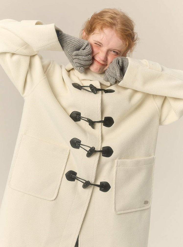 hooded mid-length horn button woolen coat