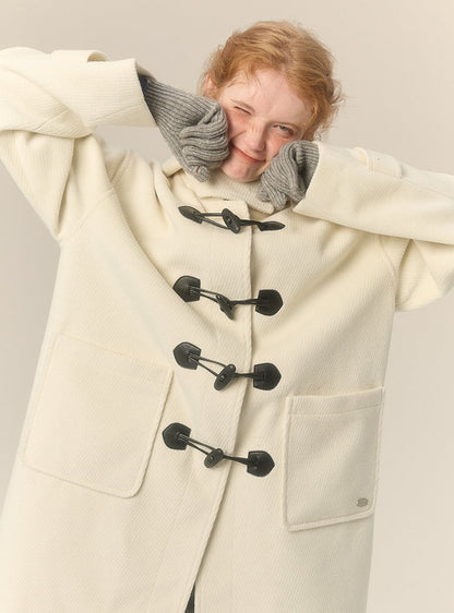 hooded mid-length horn button woolen coat