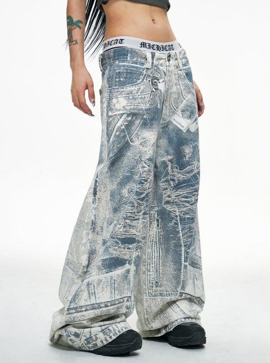 PEOPLESTYLE Vintage 3D Printed Jeans Key Chain Digital Conley Print Baggy Wide-Leg Trousers