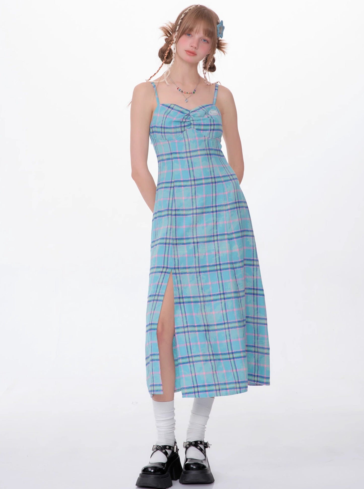 Vintage Check Waist Cinched Babes Blue Dress