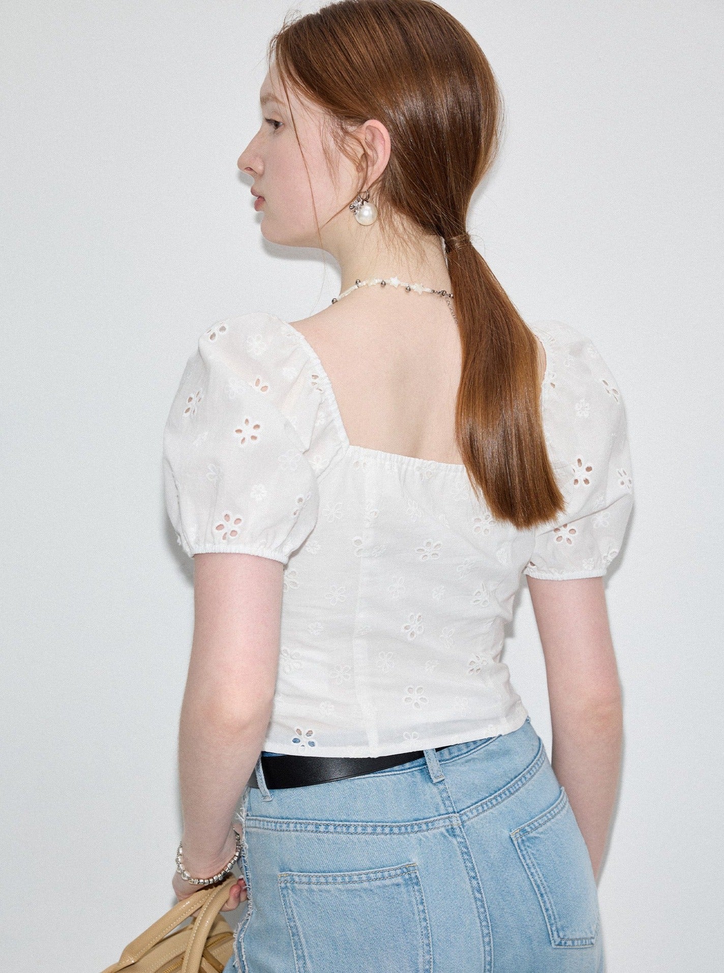 French Square Neck Jacquard White Shirt