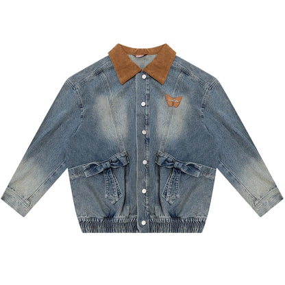 Bow Corduroy Collar Retro Denim Jacket