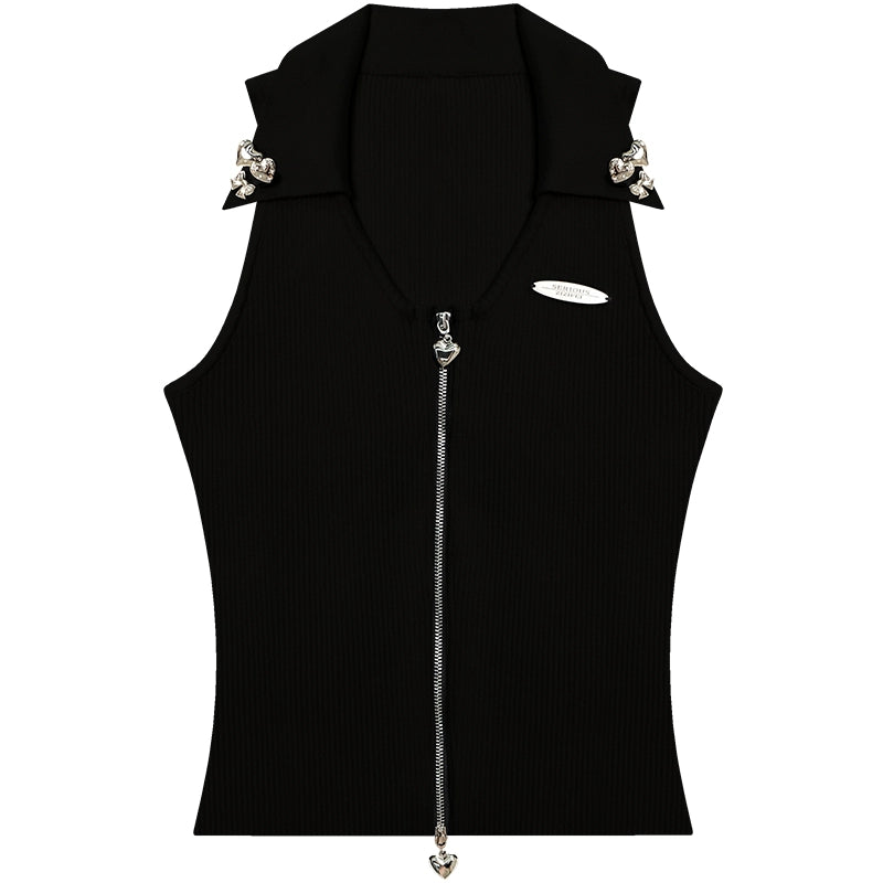 Zippered Sleeveless Polo Neck Vest Top