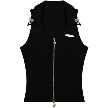 Zippered Sleeveless Polo Neck Vest Top