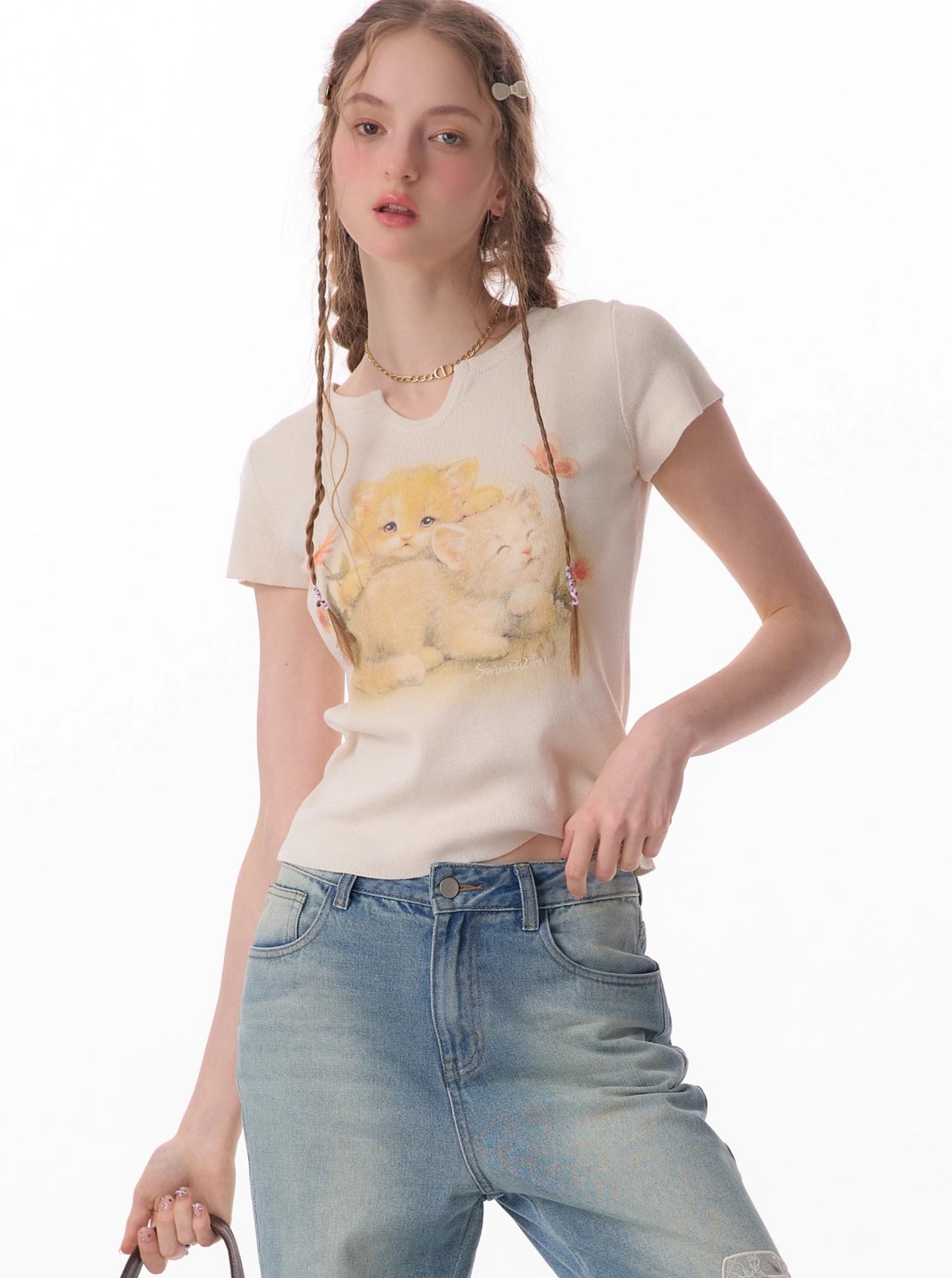 Retro Cat Print Slim T-Shirt