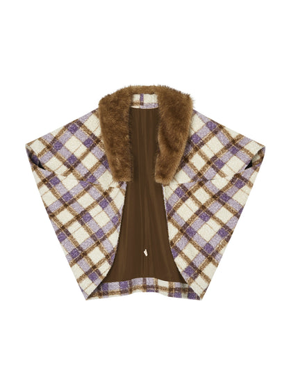 Plaid Fur Collar Woolen Coat