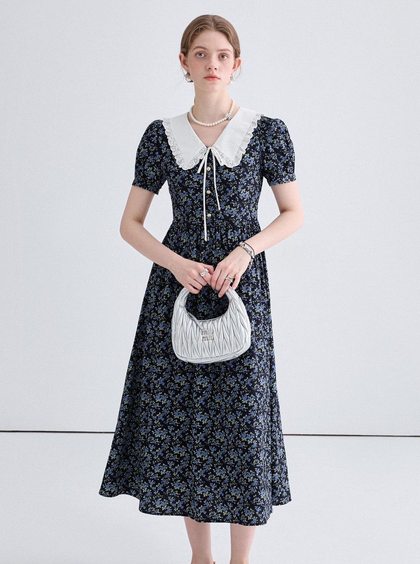 Cinched Lace Doll Collar Floral Long Dress