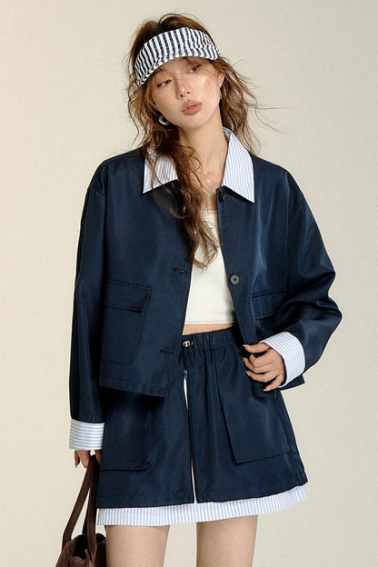 Patchwork Striped Trench Coat Skirt Set-Up