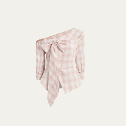 Plaid Bow One-Shoulder Waist Shirt