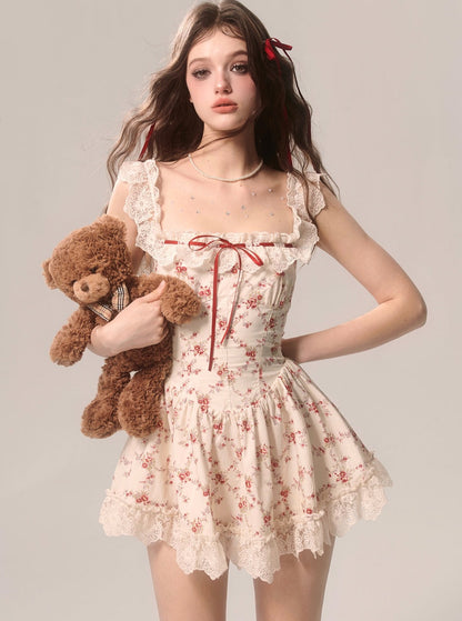 Red Cardigan With Summer Lace Puffy Dress Set-Up