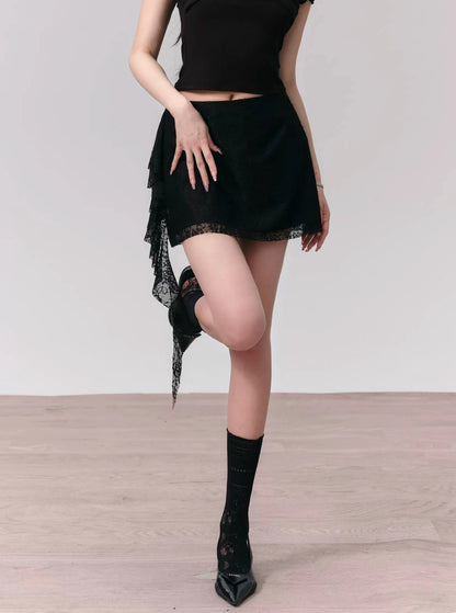 [SNH48 same style] fragile store - Floyd rose black lace one-shoulder short top short skirt