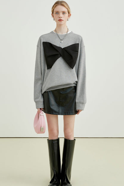 Gray Crew Neck Bow Sweatshirt