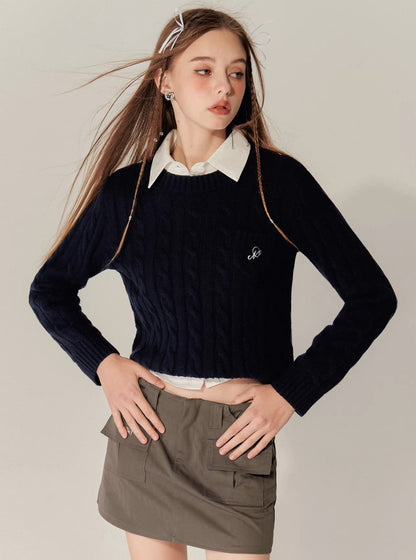 American retro pocket knitted twist sweater tops