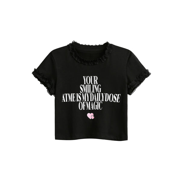 Simple English Printed Short Sleeve Top