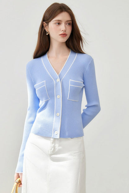 Knitted Contrast V-Neck Cardigan Top