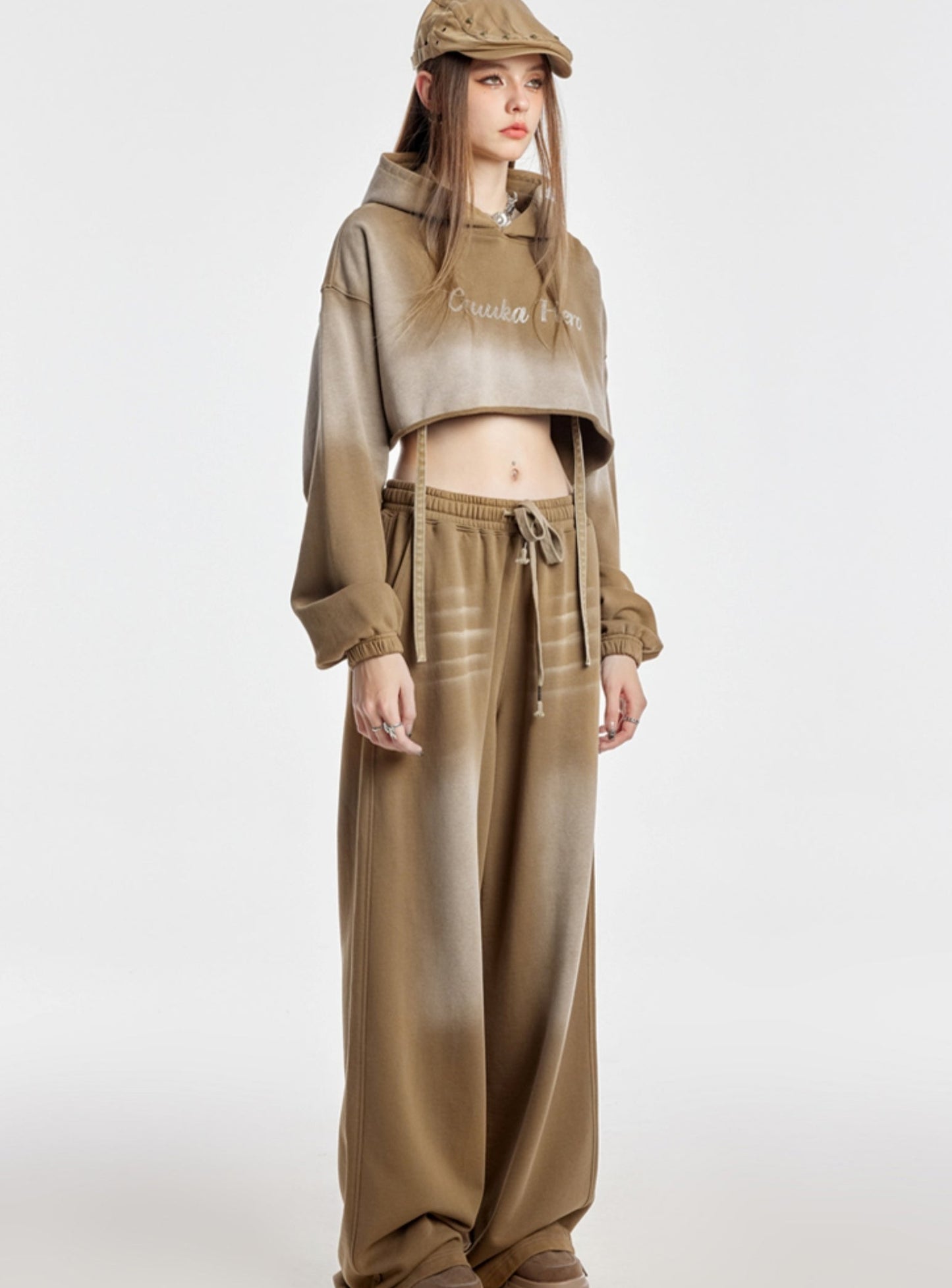 Khaki Printed Crop Top And Long Pants Set-Up