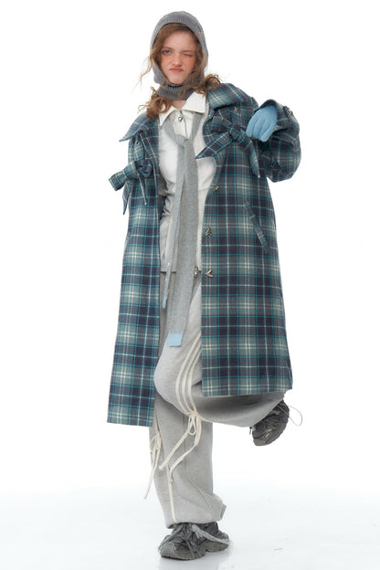 ziziFei autumn and winter American retro sense of luxury mid-length bow blue tartan coat jacket women