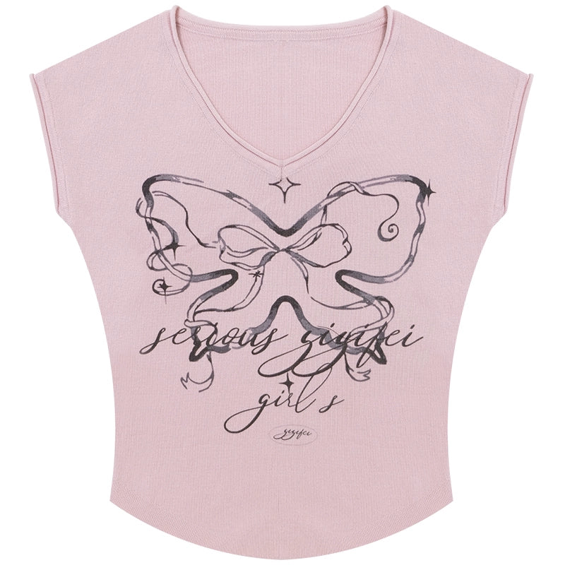 American Vintage Butterfly Print V-Neck T-shirt