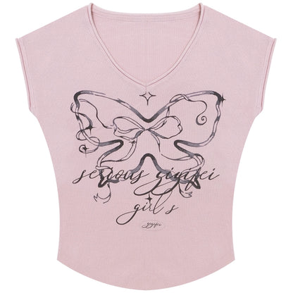 American Vintage Butterfly Print V-Neck T-shirt