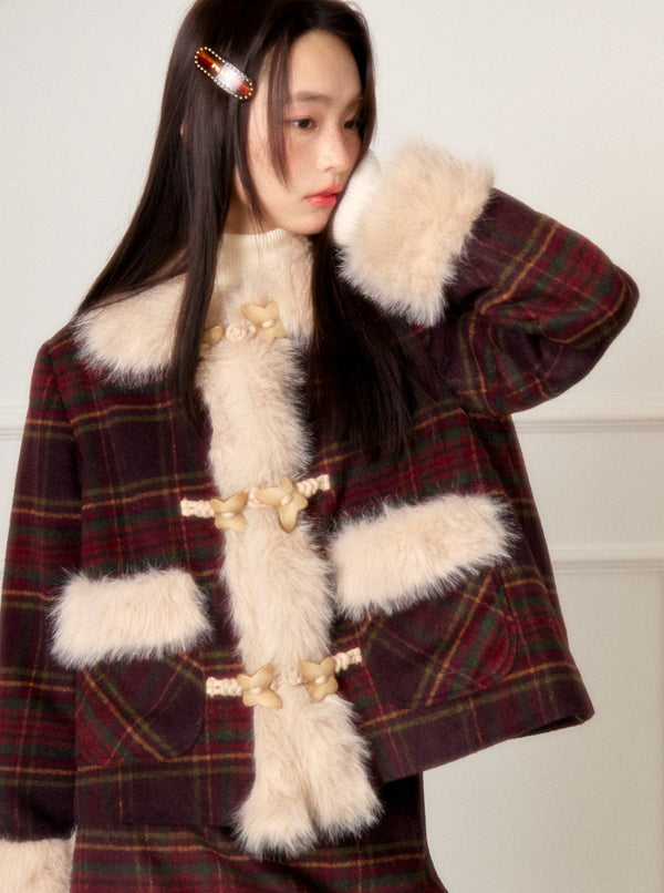 Deep Jujube Plaid Suit Short Skirt Set