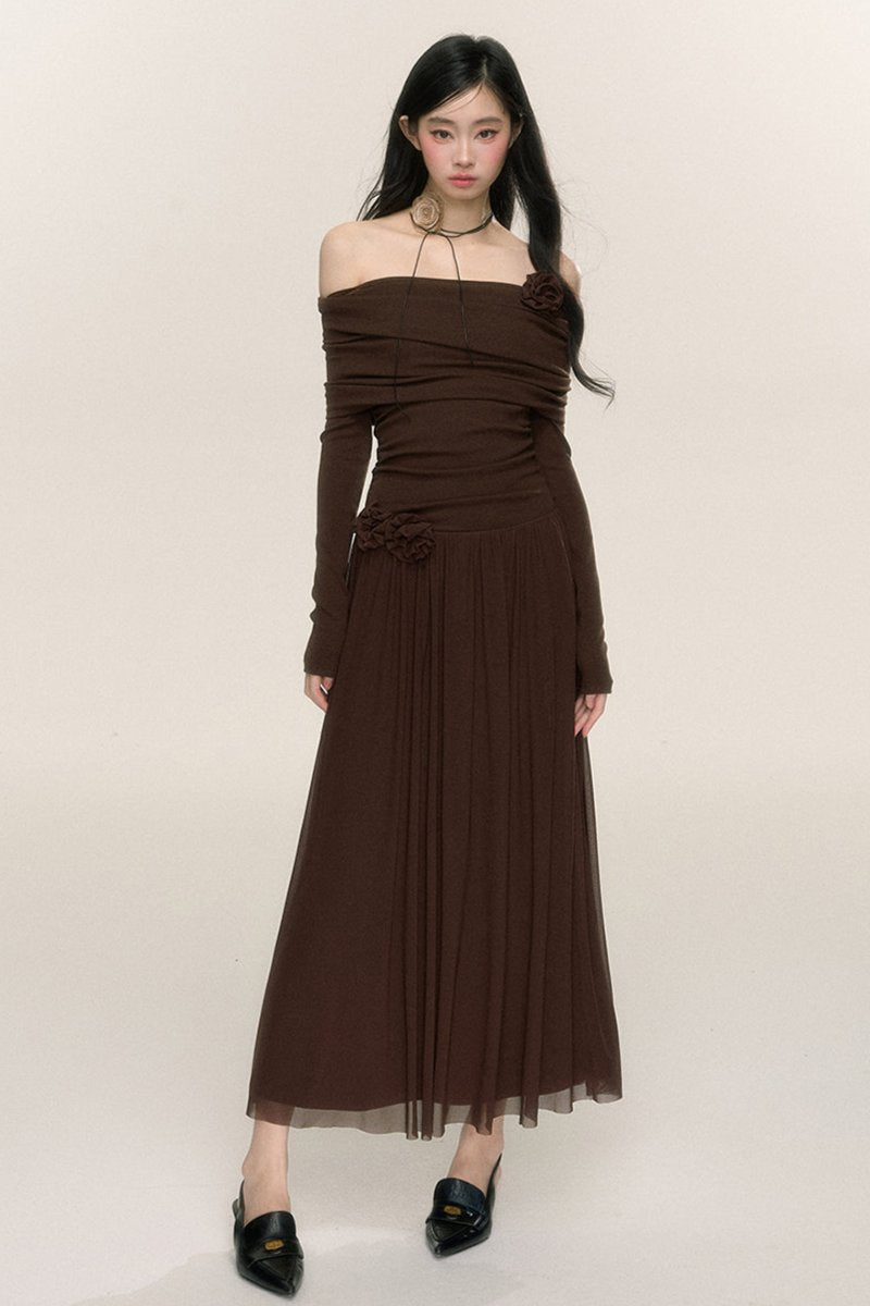 Long-Sleeve One-Shoulder Maxi Dress