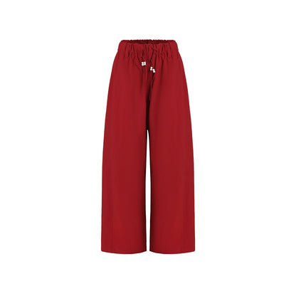Retro Red Drawstring Bead Sporty Straight Pants