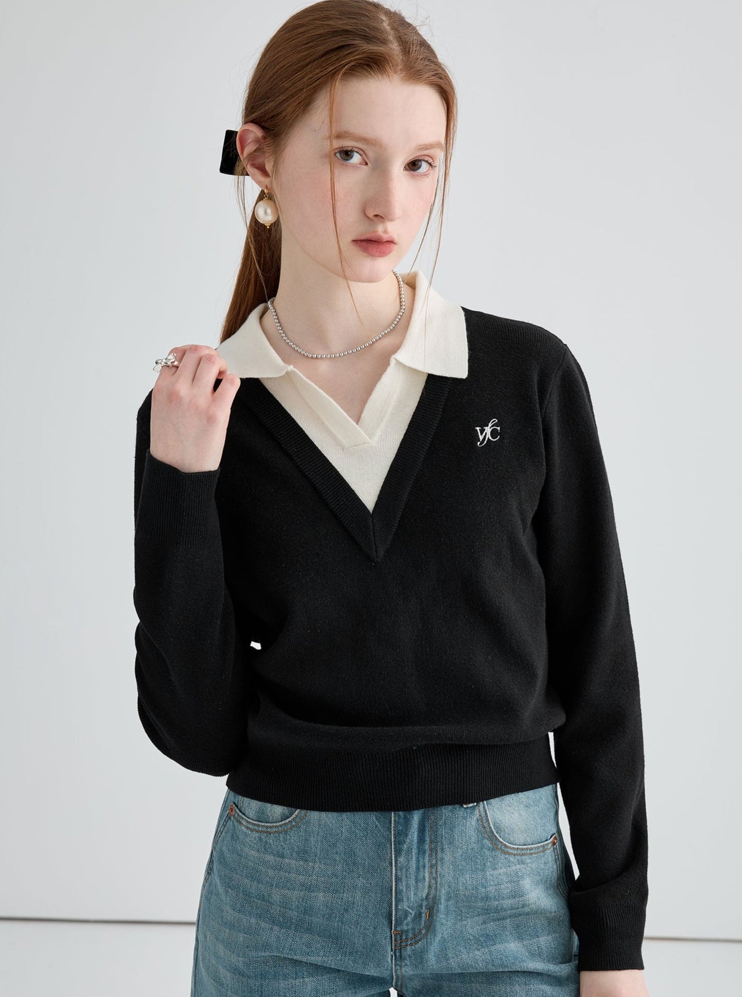 Polo collar pattern wool knitwear tops
