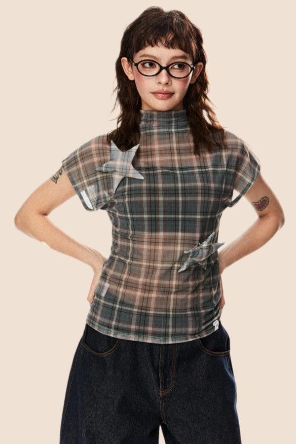 Retro Star Patch Plaid Mesh Top