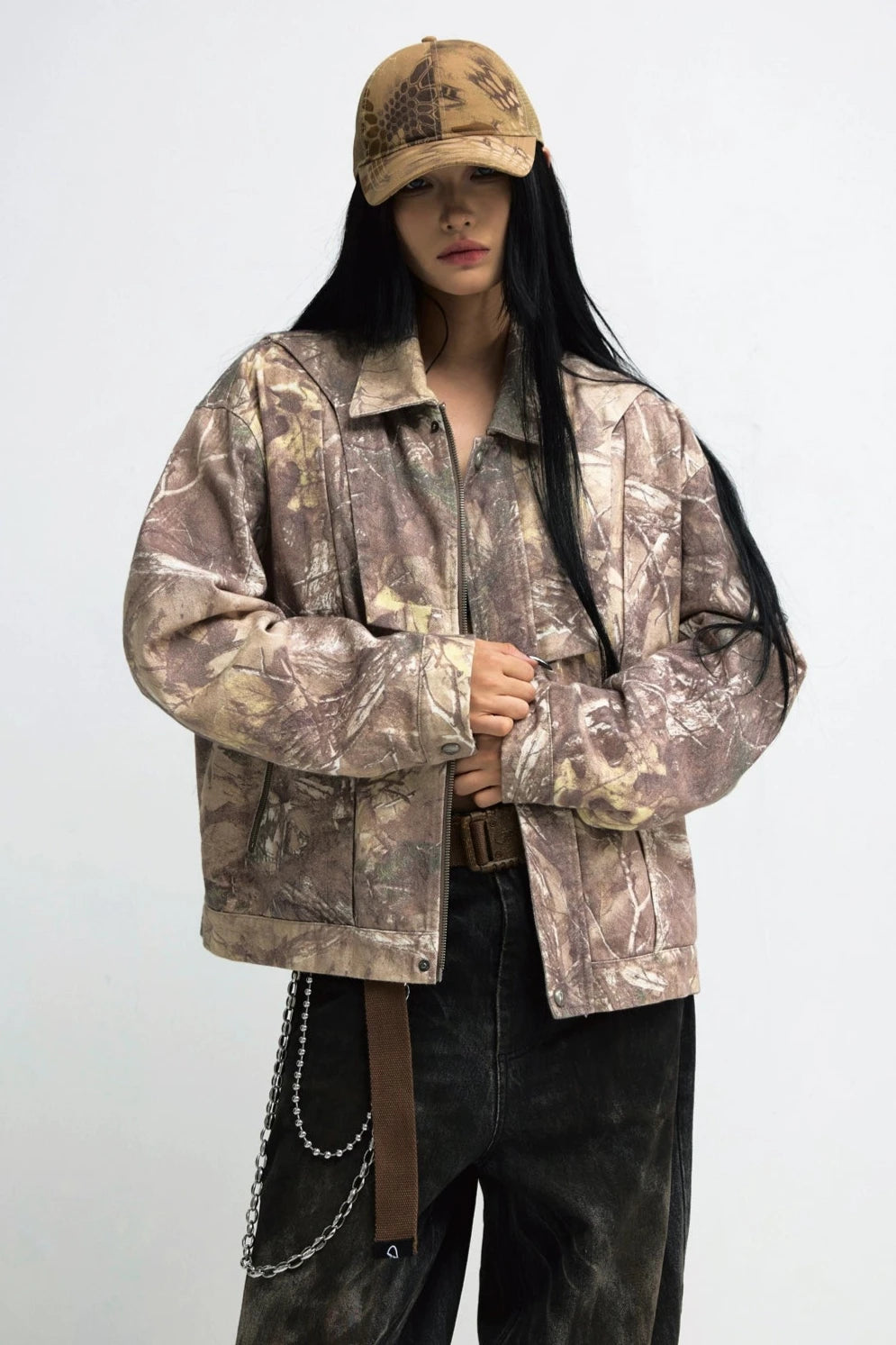 PEOPLESTYLE CAMOUFLAGE TOTHOLZ DENDRILL ROLL-LAPEL CARGO JACKET GENDERLESS VINTAGE WASHED CARDIGAN JACKET