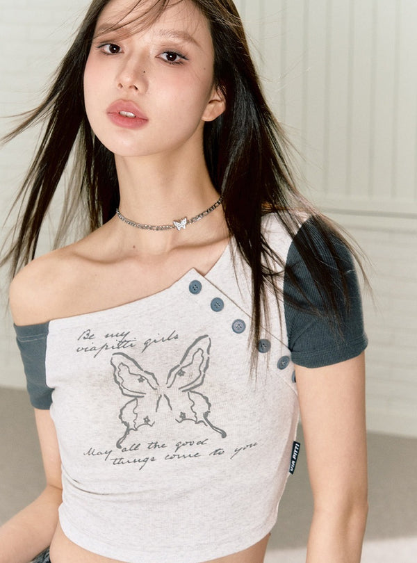 Off-shoulder Long-sleeved T-Shirt