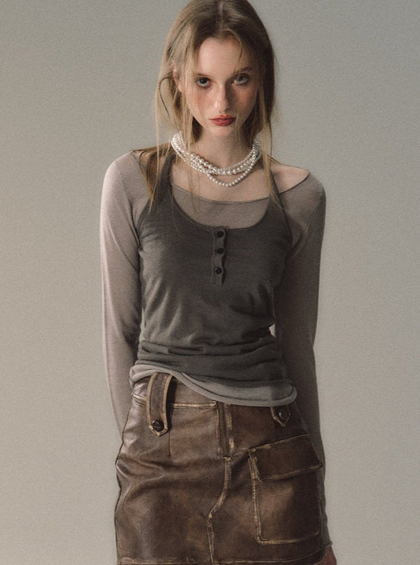 contrast halterneck fake two-piece wool knit top