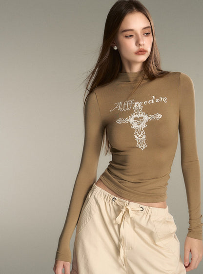 Half-neck waist-cinched long sleeve Top