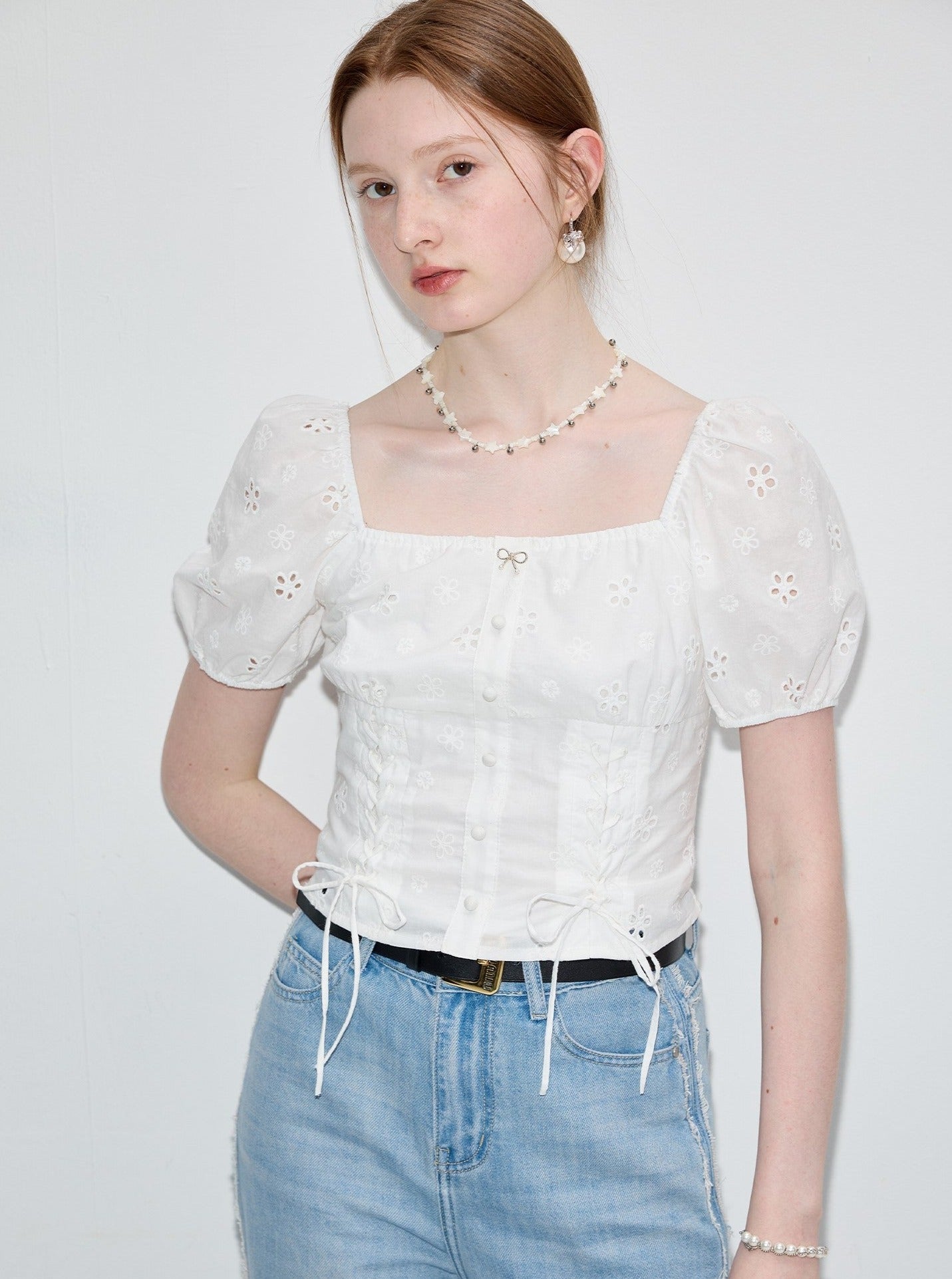 French Square Neck Jacquard White Shirt