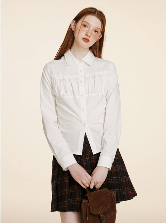 Pleated Waist Bow Tie Long Sleeve Top