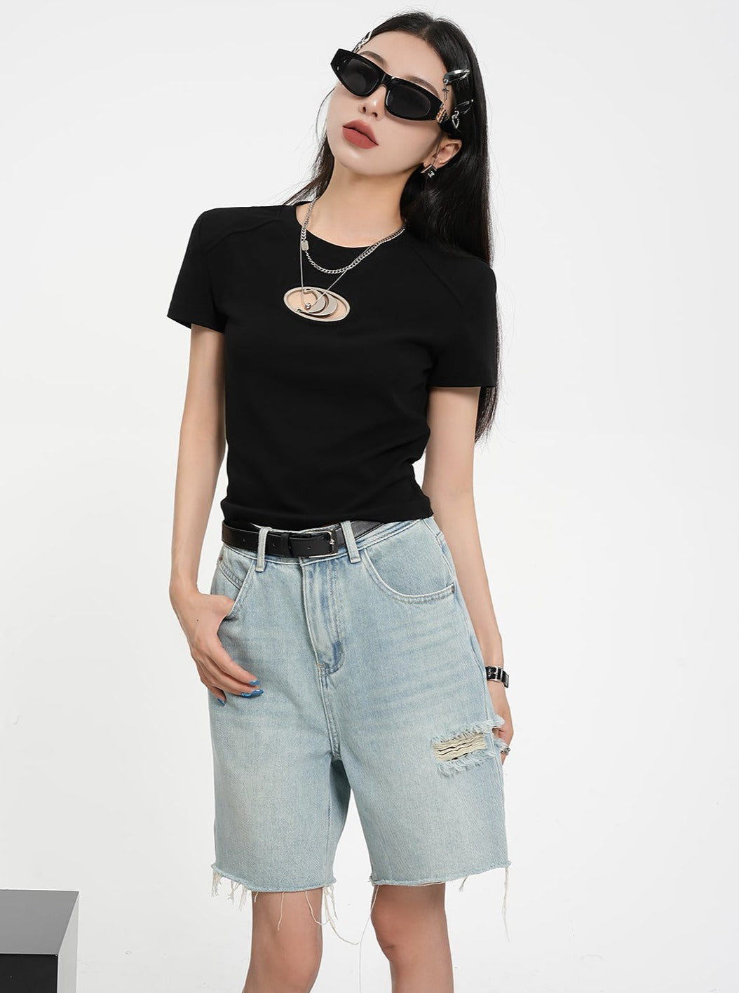 SRYS American Street Metallic Sexy Ausschnitt Cropped T-Shirt Kurzarm Rundhalsausschnitt Hohe Taille Top Sommer Neu