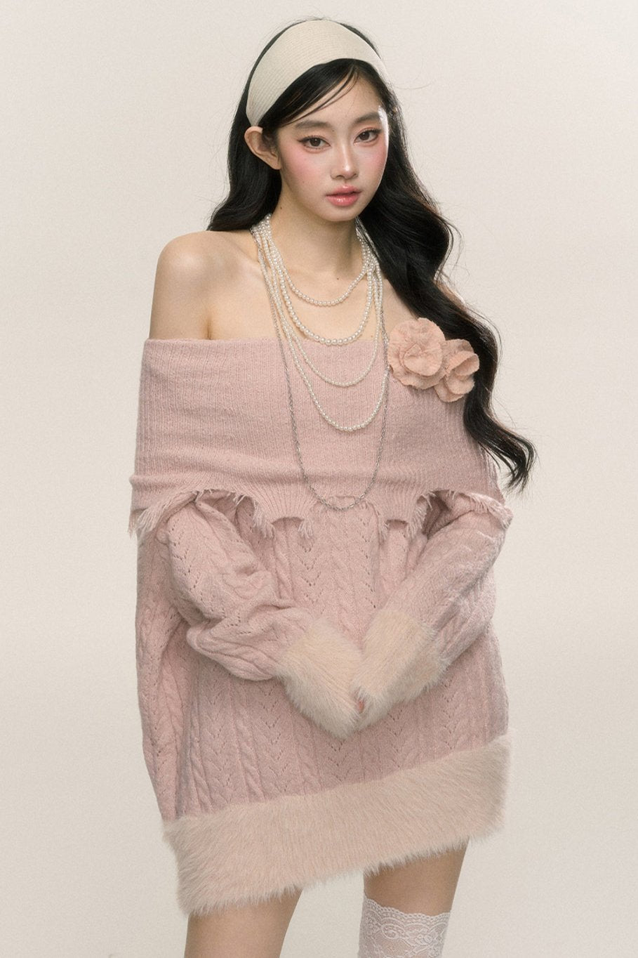 Mist Pink One-Shoulder Plush Dress