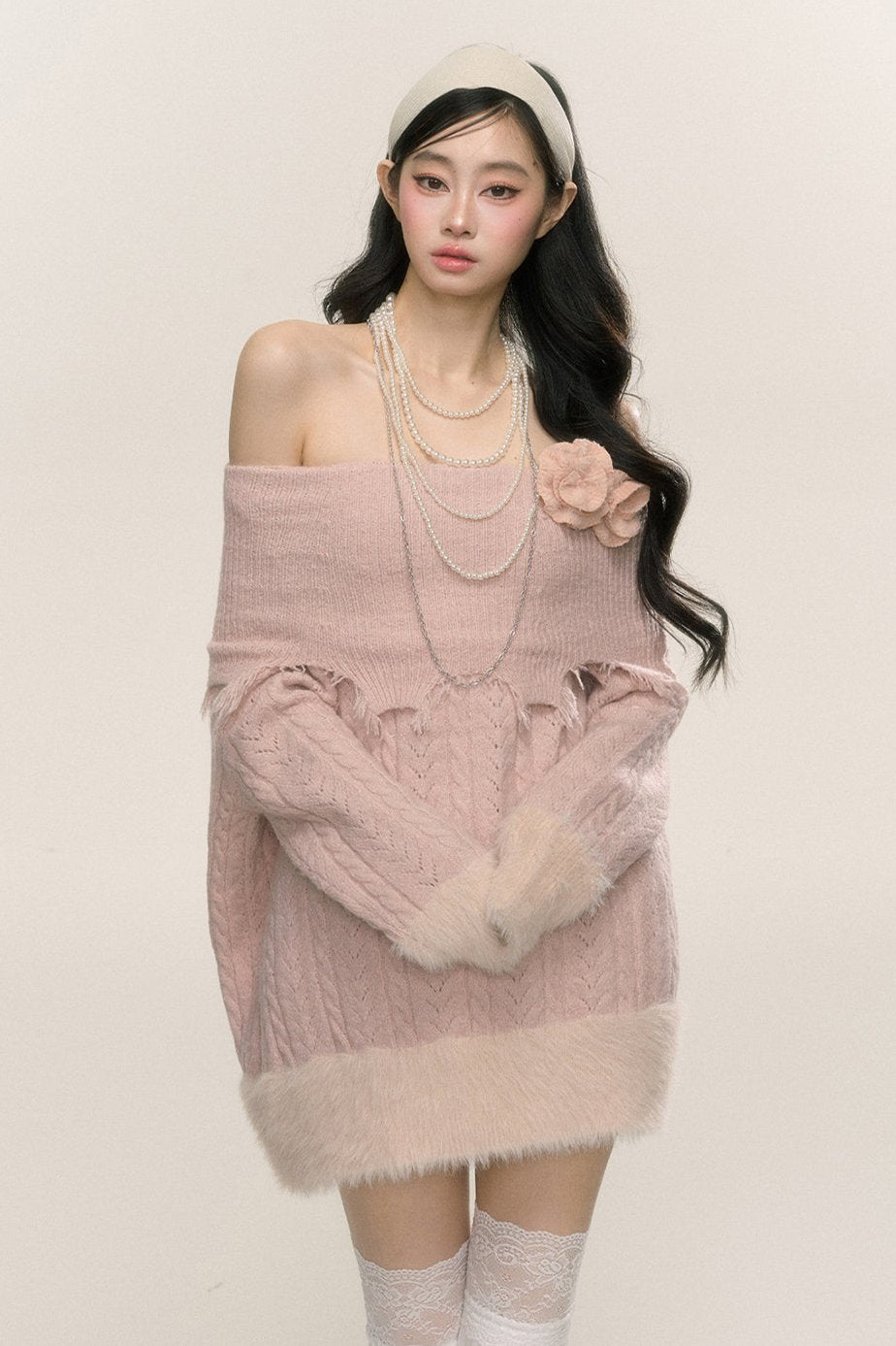 [On sale at 20 o'clock on September 26th] less eye mist pink del one-shoulder loose plush dress women's autumn and winter