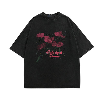 Washed Distressed Rose Print T-Shirt