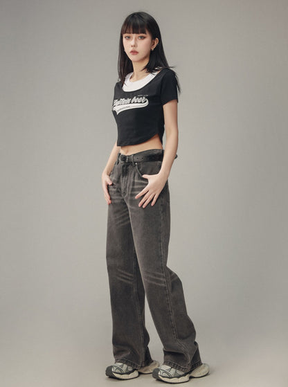 Whisker Distressed Track Denim Pants